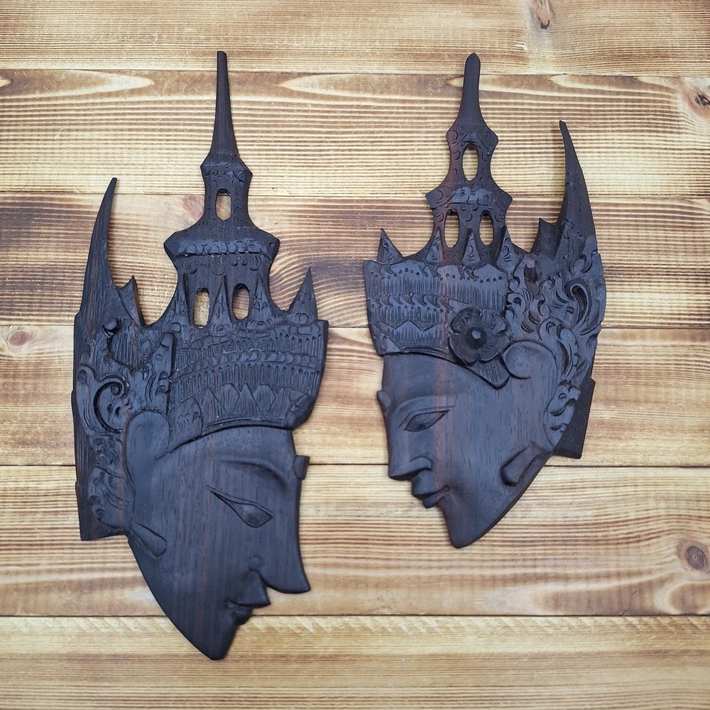 Hand-Carved Wooden Set X2 Balinese Hindu Rama‎ Sita Wall Decor Plaque Mask Art